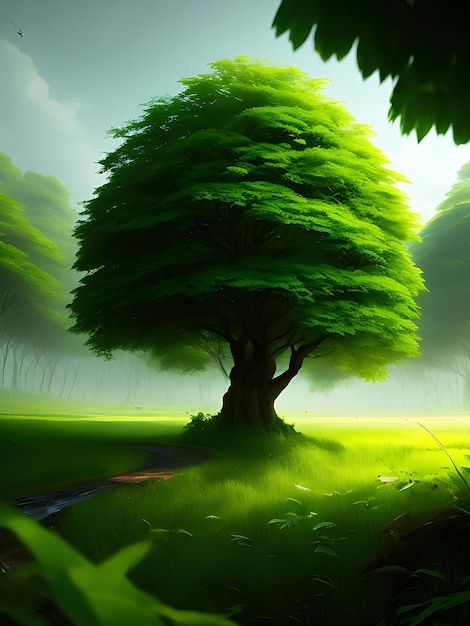 Un árbol verde en un campo verde con un camino que conduce a él.