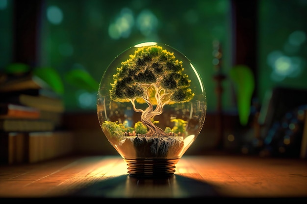 El árbol verde dentro de la bombilla significa la importancia de las fuentes de energía limpias y respetuosas con el medio ambiente para un futuro sostenible