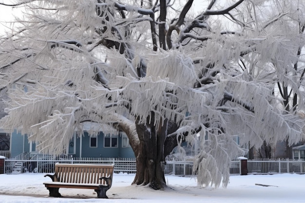 Árbol sin vida apoyado cerca de un banco del parque en invierno