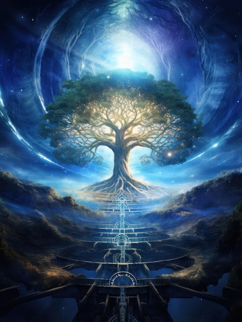 El árbol de la vida en el fondo de un místico concepto esotérico del paisaje nocturno