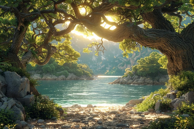 un árbol con una vista del agua y el sol brillando a través de las ramas