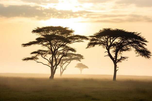 árboles de acacia en un amanecer brumoso de la mañana en la sabana Masai Mara de Kenia