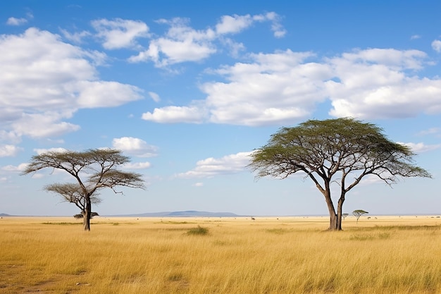 Los árboles de acacia de tapa plana en las llanuras del Serengeti