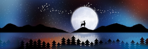 Foto Árboles y ciervos en la luna y los pájaros blancos del papel pintado del paisaje de la noche 3d estilo de la montaña en fondo oscuro