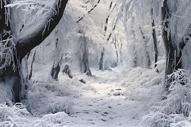 Árboles cubiertos de escarcha y nieve en el bosque de invierno