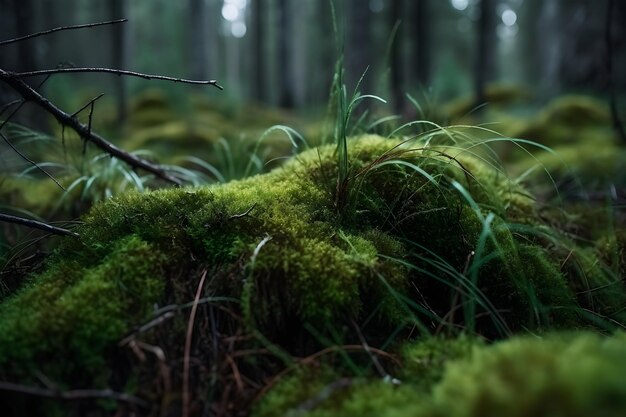 Árboles cubiertos de musgo en el bosque por la noche