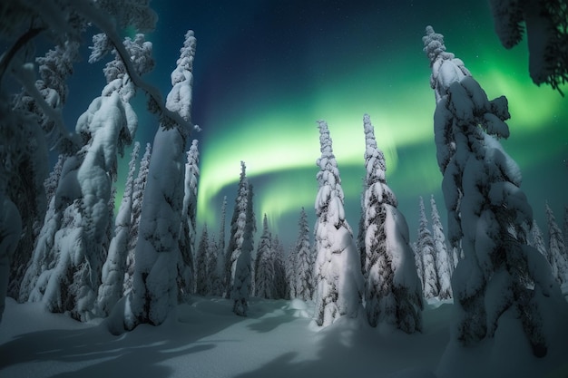 Árboles cubiertos de nieve con auroras boreales en el cielo Paisaje ártico