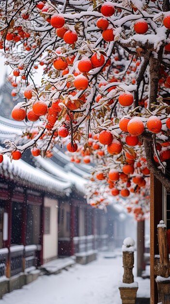 Foto Árboles cubiertos de nieve y un edificio con un techo rojo