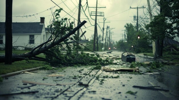 Foto Árboles desarraigados y arrojados sobre líneas eléctricas abajo y provocando una escena de total destrucción en el