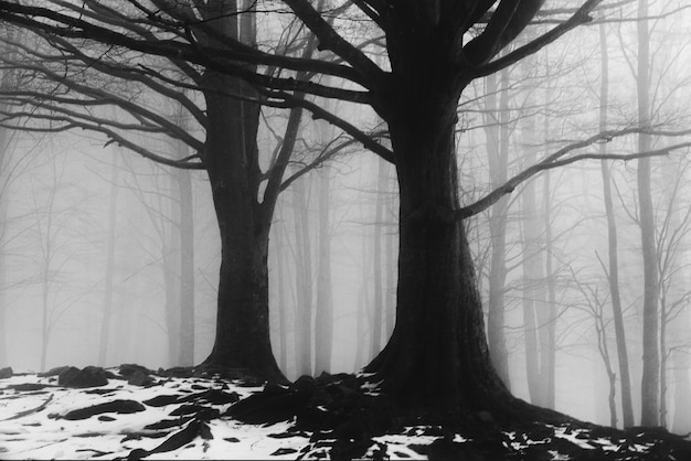 Árboles desnudos en el bosque durante el invierno