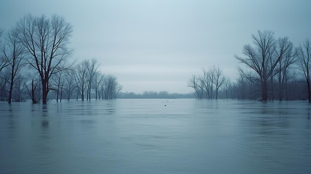 Los árboles desnudos son un testimonio silencioso del frío del invierno sumergidos en las tranquilas aguas frías de una inundación.