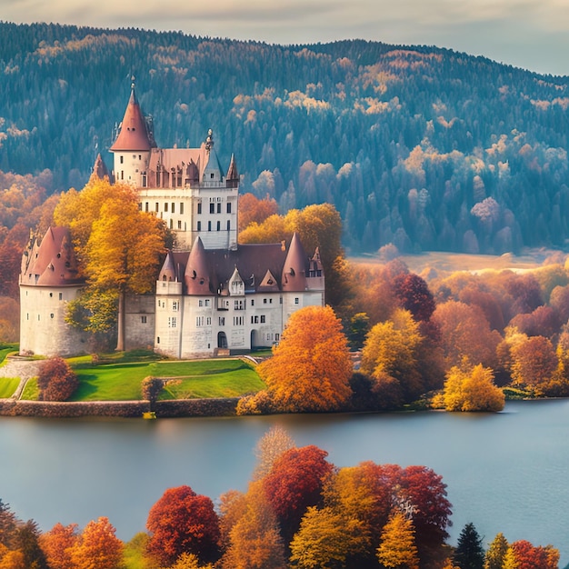 los árboles están cambiando de color en el otoño y el castillo está rodeado de agua