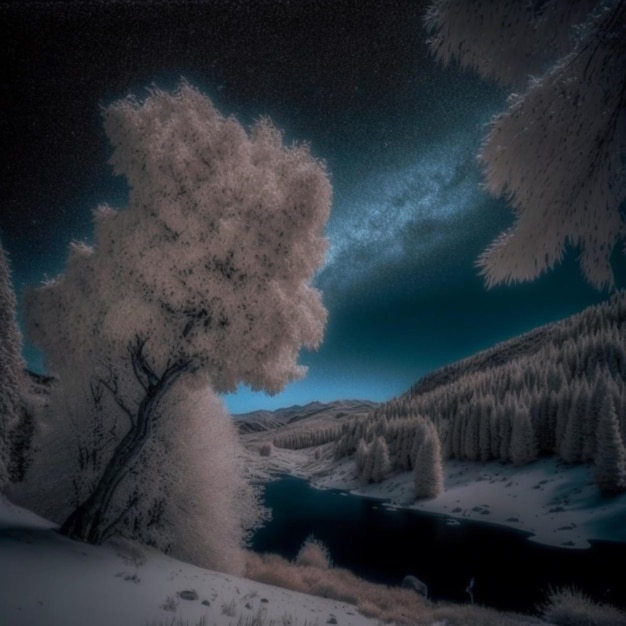 los árboles están cubiertos de nieve y un lago en el medio de un paisaje nevado generativo ai