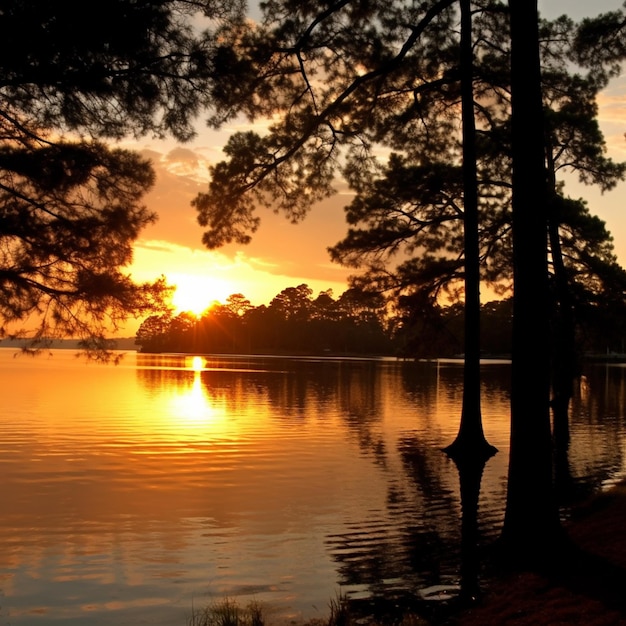 Los árboles están en primer plano de un lago con una puesta de sol en el fondo generativo ai