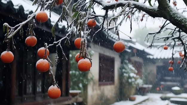 Los árboles frutales del caqui en otoño