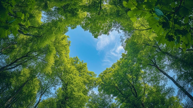 Foto los árboles gruesos y exuberantes forman una forma de corazón a través de la cual se puede ver el hermoso cielo azul