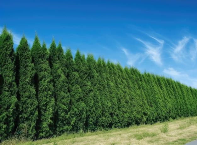 Los árboles de hoja perenne de cobertura verde esmeralda de thuja occidental plantados al lado hacen un denso concepto de diseño de paisaje de pared natural