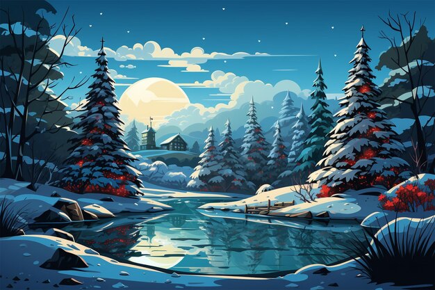 árboles de ilustración de paisaje con nieve en un arte de lago