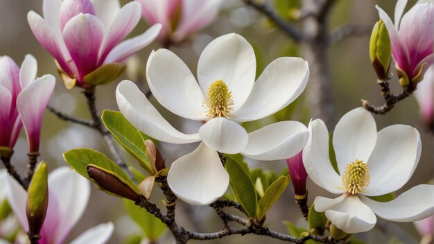 Los árboles de magnolia en flor contra un cielo despejado