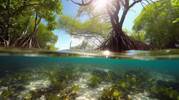 Foto los árboles de manglar tienen raíces por encima y por debajo del agua en el mar caribe