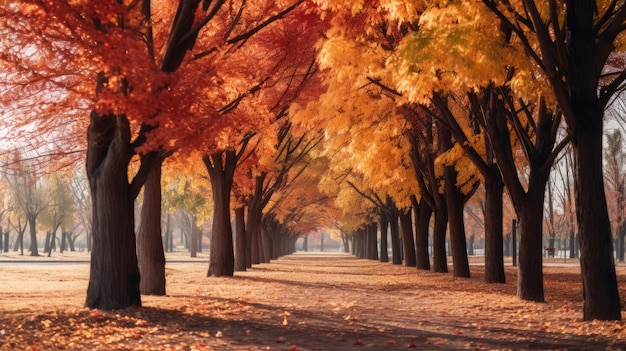 árboles de otoño alineados en una fila en un parque