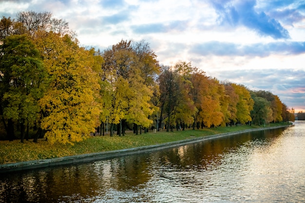 Foto Árboles de otoño cerca del lago en tiempo nublado.