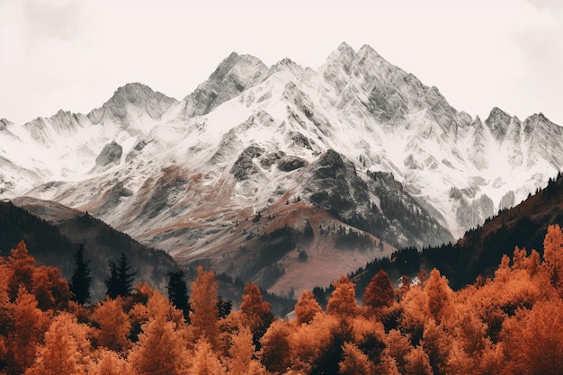 árboles de otoño frente a las montañas cubiertas de nieve