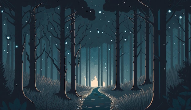 árboles de paisaje de bosque nocturno generados ai