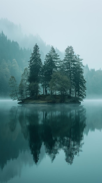 árboles de papel tapiz cerca del lago niebla crepúsculo foto vertical