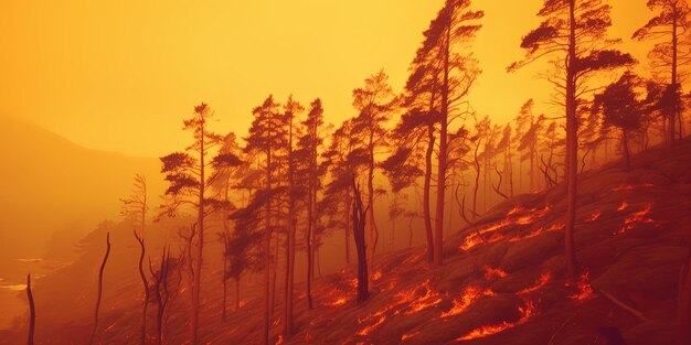 árboles de pino en una ladera con un fuego ardiente en el fondo