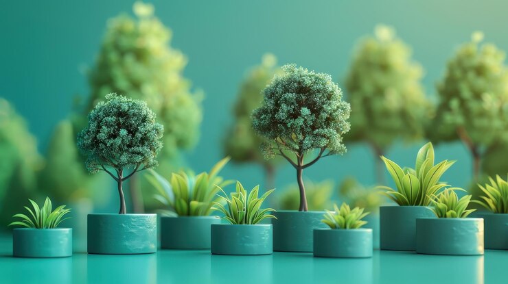 Árboles y plantas en miniatura en macetas sobre un fondo azulado Fotografía de estudio con enfoque selectivo Decoración botánica y concepto de jardinería interior para diseño e impresión