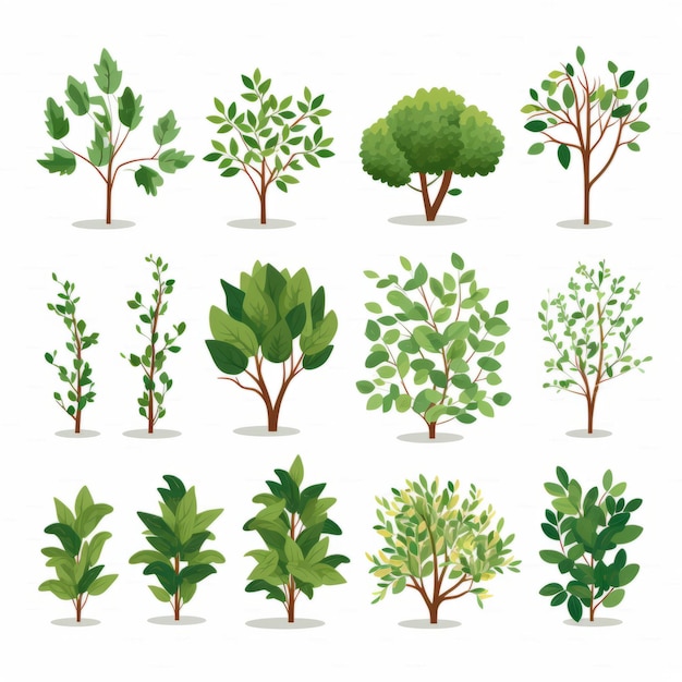 Árboles y plantas verdes inspirados por la naturaleza con coloridas ilustraciones