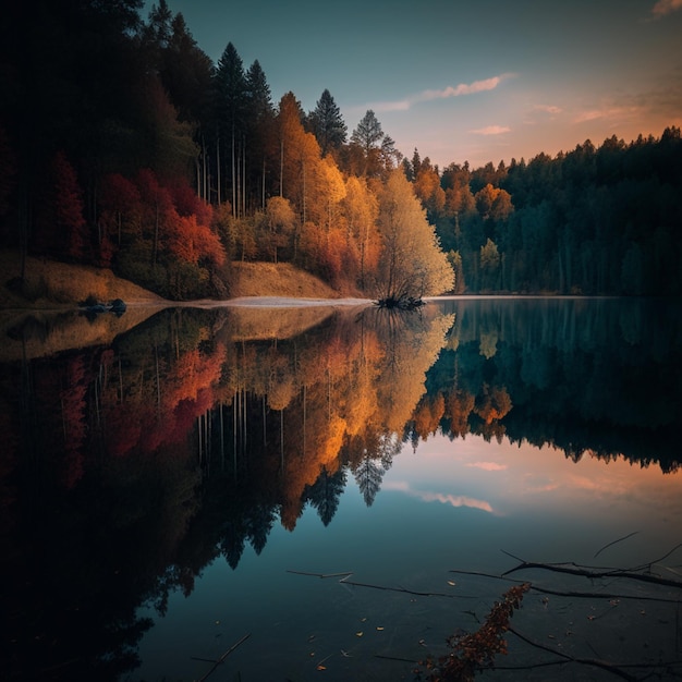 Los árboles se reflejan en el agua de un lago en el otoño generativo ai