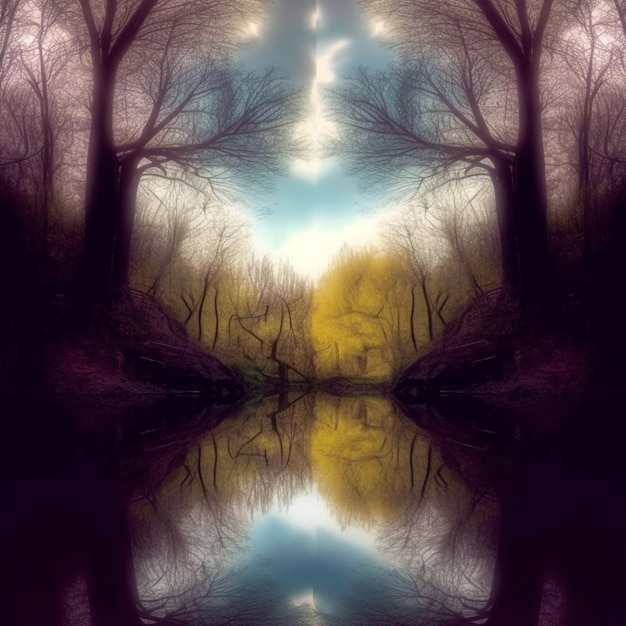 Foto los árboles se reflejan en un estanque que fluye todavía en un paisaje surrealista generativo ai