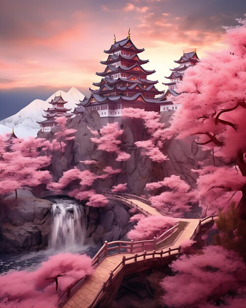 Foto Árboles rosados en el parque del castillo de la montaña japonesa