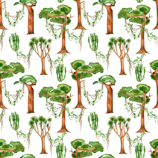Árboles de sabana de patrones sin fisuras con coronas verdes y troncos marrones de acacia baobab pintados