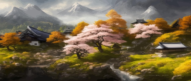 Los árboles de sakura florecen y las montañas y las casas del bosque del paisaje de primavera de fuji