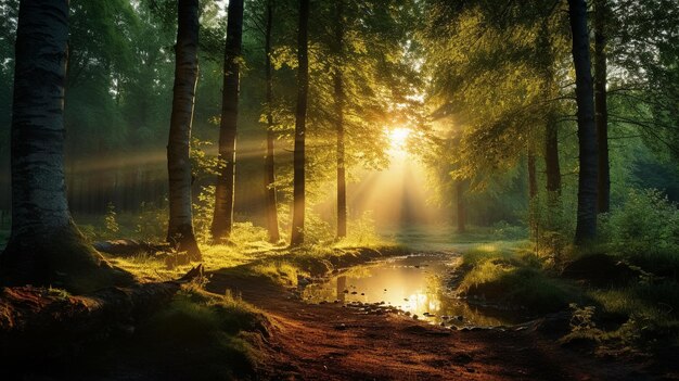 Foto Árboles silvestres con rayos de sol en el campo y el lago-río