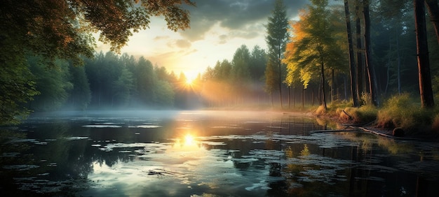 árboles silvestres con rayos de sol en el campo y la puesta de sol del lago y el río