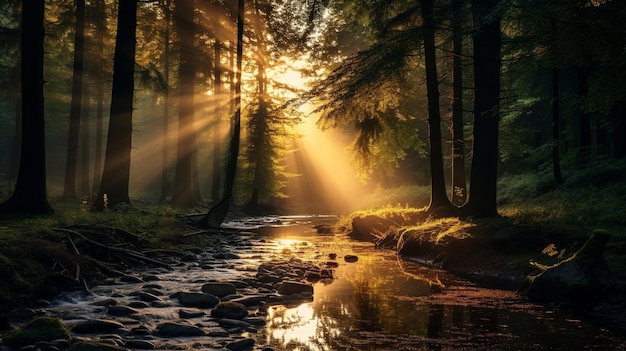 Foto Árboles silvestres con rayos de sol en el campo y la puesta de sol del lago y el río