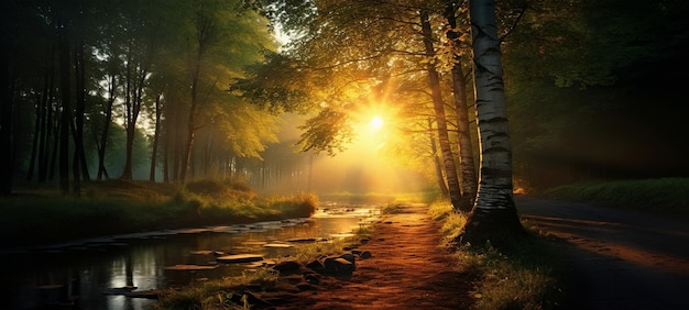 Foto Árboles silvestres con rayos de sol en el campo y la puesta de sol del lago y el río