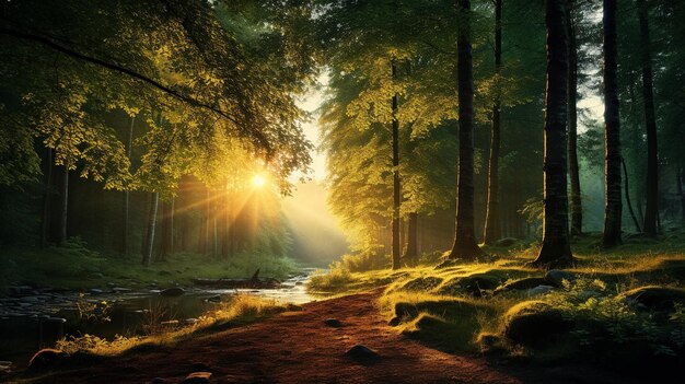 Foto Árboles silvestres con rayos de sol en el campo y la puesta de sol del lago y el río