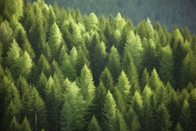 Los árboles verdes saludables en un bosque de abetos viejos y pinos generan ai