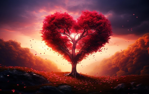 Foto arboreto romântico árvore em forma de coração vermelho de alto detalhe