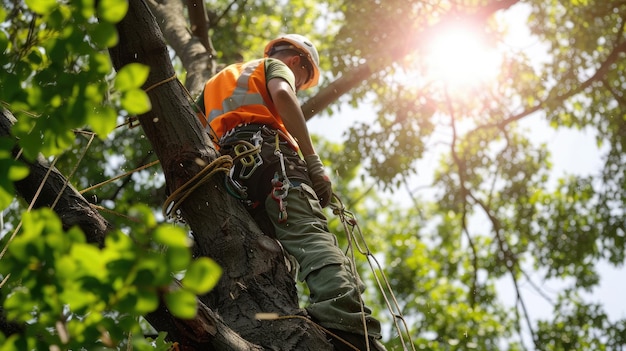 Arborist arbeitet in der Höhe in einem Baum