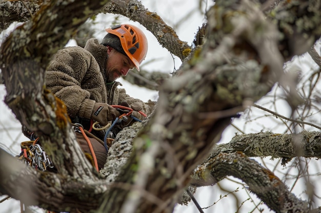 Un arborista equipado con equipo de seguridad sube a un árbol realizando el mantenimiento durante la temporada de otoño en medio de hojas doradas