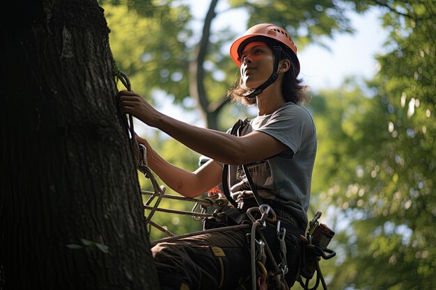 arborista gracioso subiendo hábilmente una cuerda para podar y cortar para grandes árboles en acción experiencia en el mantenimiento de árboles generado con IA