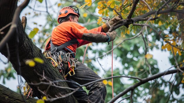 Arborista trabalhando em altura na árvore