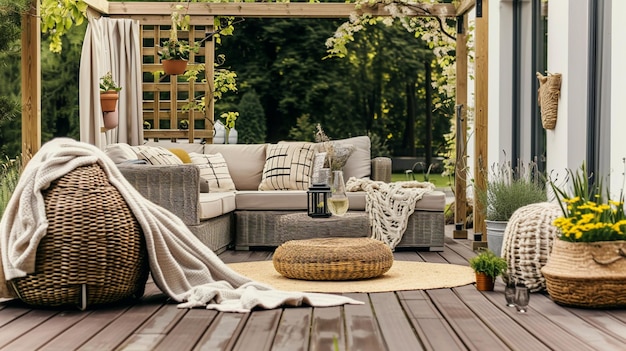 Arbour de jardim com decoração beige rústica design ao ar livre Generative Ai