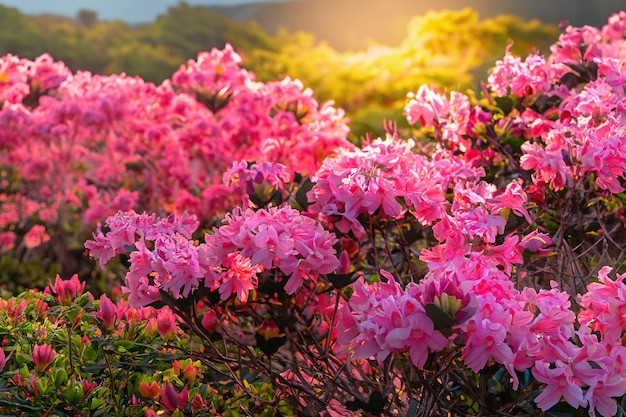 Un arbusto de azaleas florece bajo el sol.